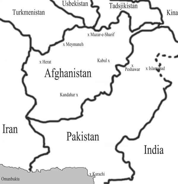 Kart over Afghanistan og omr&aring;det rundt